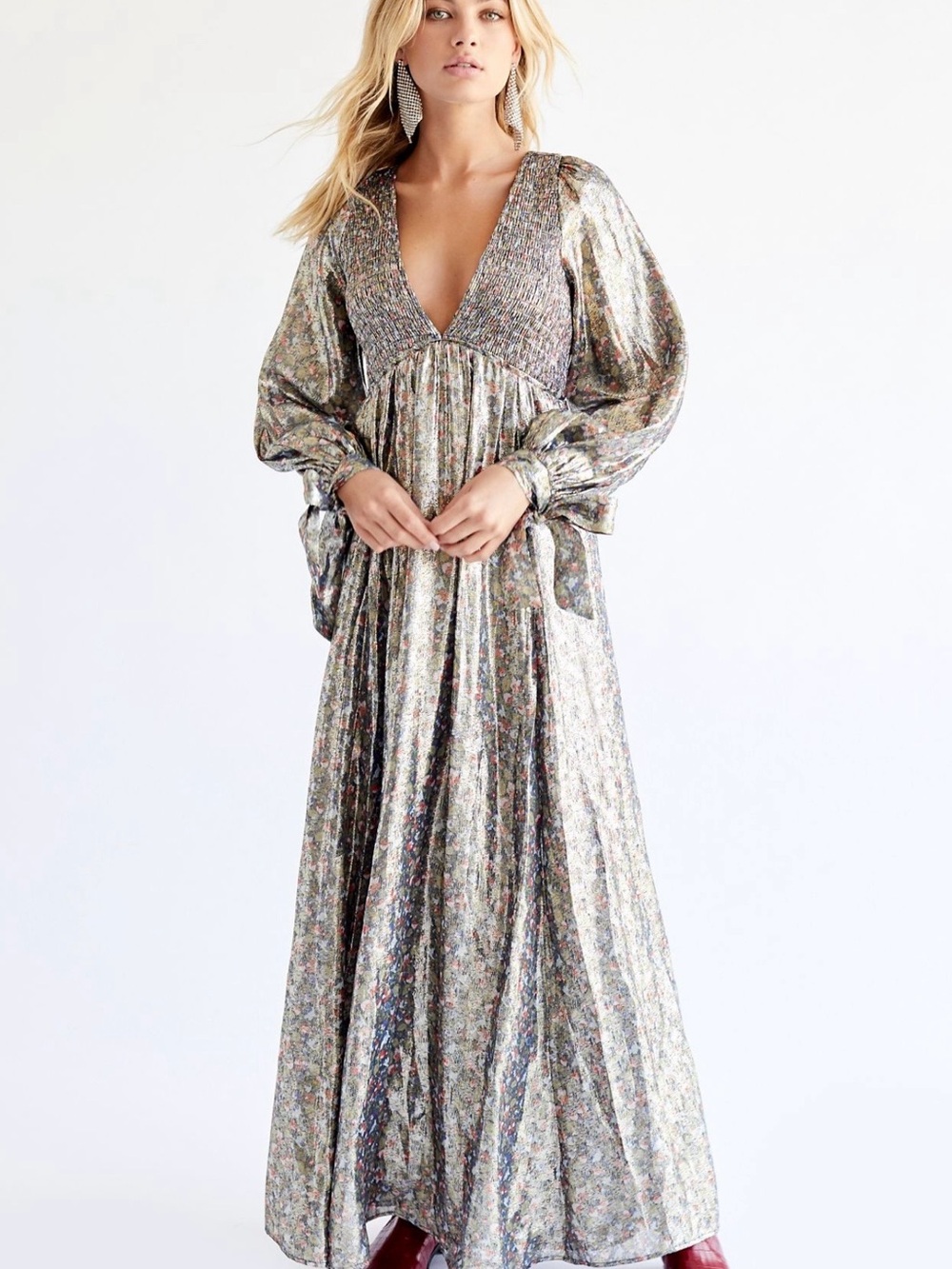 Free People Metallic Floral V-Neck Maxi Dress - Silver Floral